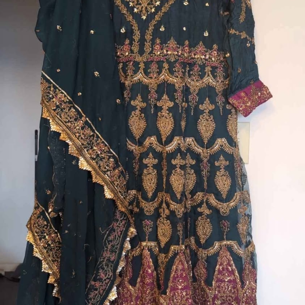 Elegant Green and Gold Embroidered Dress